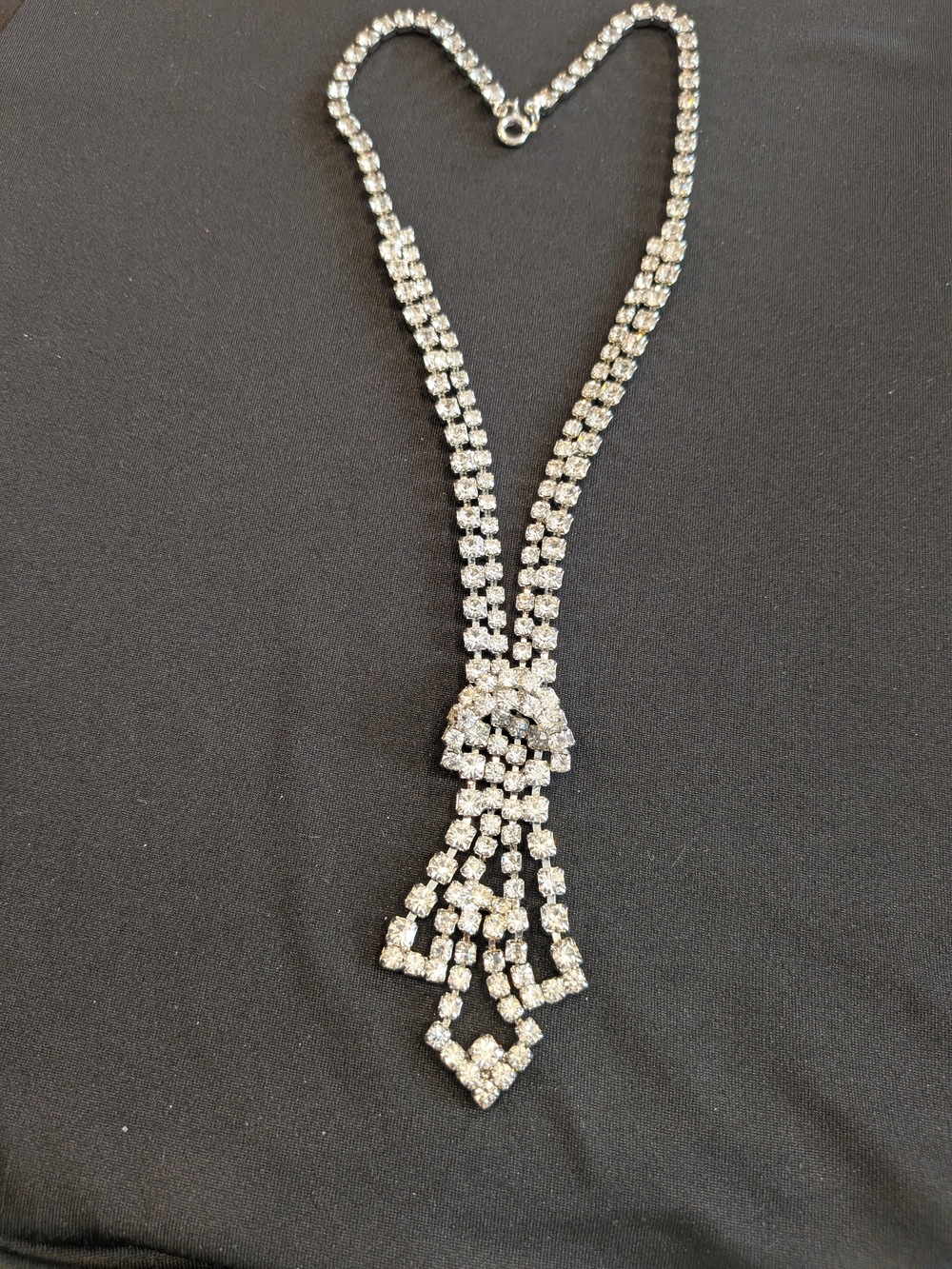 Crystal Statement Necklace - Silver Rhinestone Pendant 11"